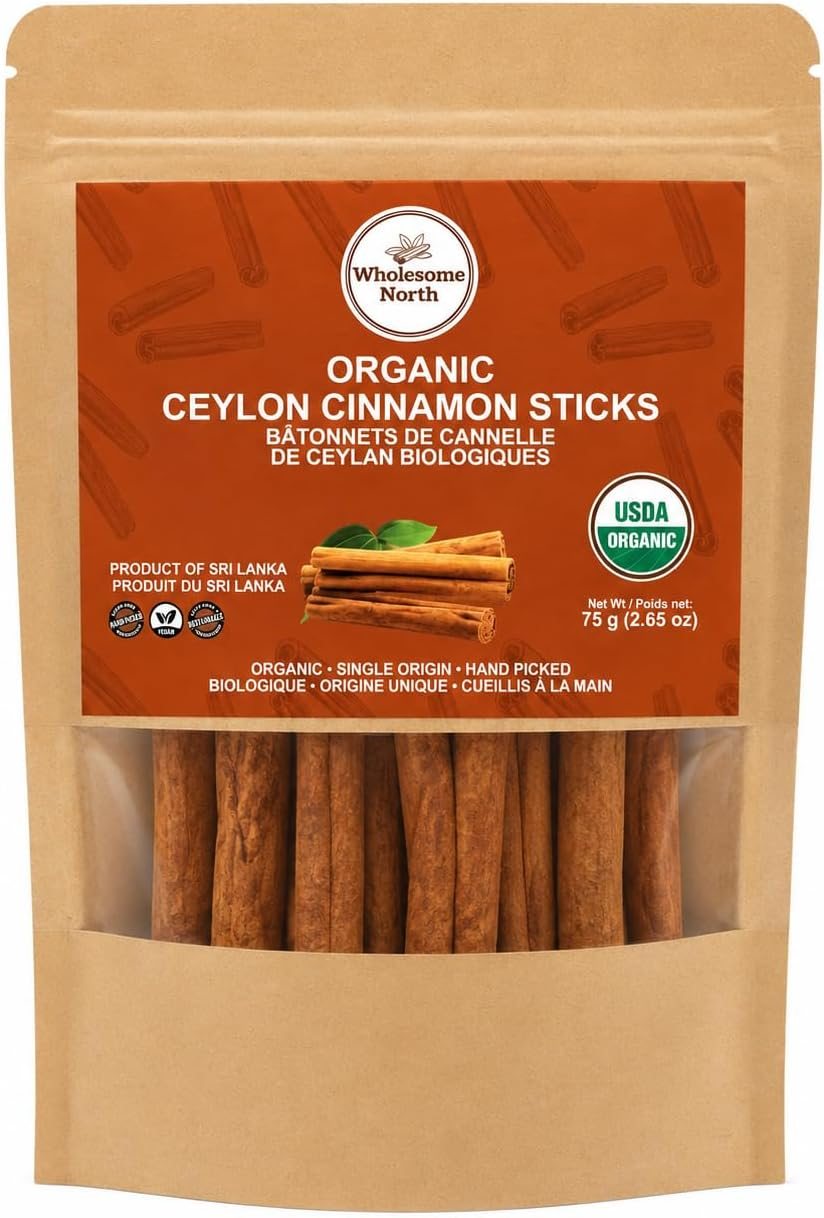 Wholesome North Organic Ceylon Cinnamon Sticks 75g kraft pouch with window showing hand-rolled quills