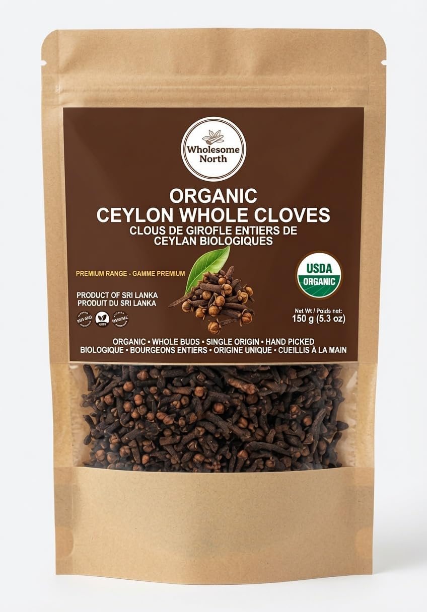 Wholesome North Organic Ceylon Whole Cloves 150g (5.3 oz) kraft pouch with window showing whole clove buds